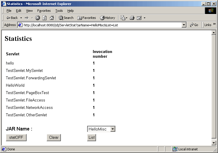 Servlet displaying statistics