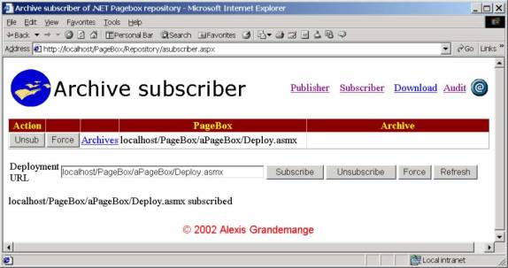 Archive subscriber form has a Datagrid with the URL of the PageBox deployment server, the status of the deployed archives and a link to aselect.aspx where you can select the deployed archives