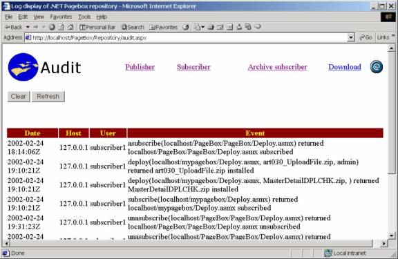 Audit form lists the (un)deploy and command requests with four fields,the date, the machine and the user that made the request, the request and its result