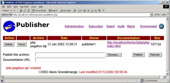 Browser displaying the publisher.php window. A presentation has been successfully uploaded.