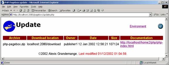 Browser displaying the update.php page. A presentation is deployed.