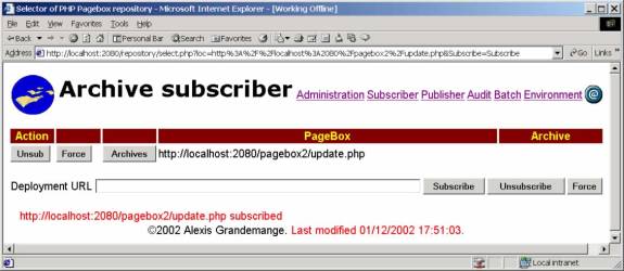Browser displaying the select.php page. A PageBox is subscribed