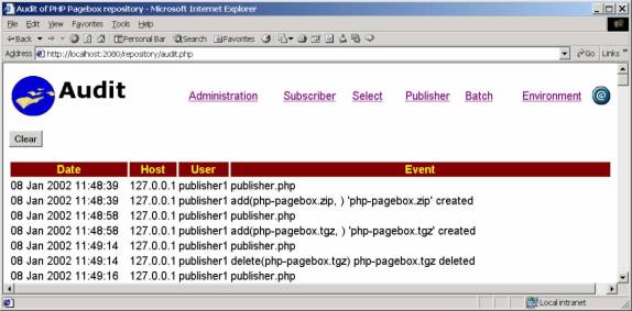 Browser displaying the audit.php page. Events are displayed with their date, origin host, user and text.