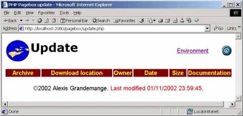 Browser displaying the update.php page. No presentation deployed.