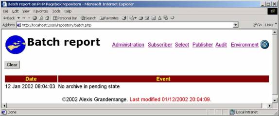 Browser displaying the batch.php page. Batch report date and text are displayed.