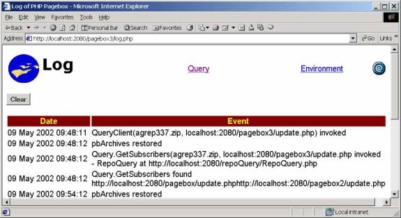 Browser displaying the PageBox log page. Log shows PageBox events.