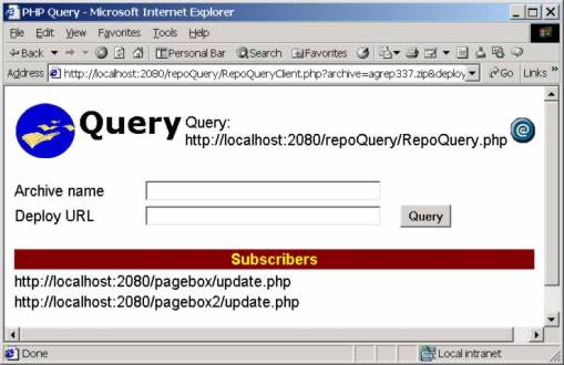 Browser displaying the Repository RepoQueryClient.php page. RepoQueryClient shows the subscribers to an archive