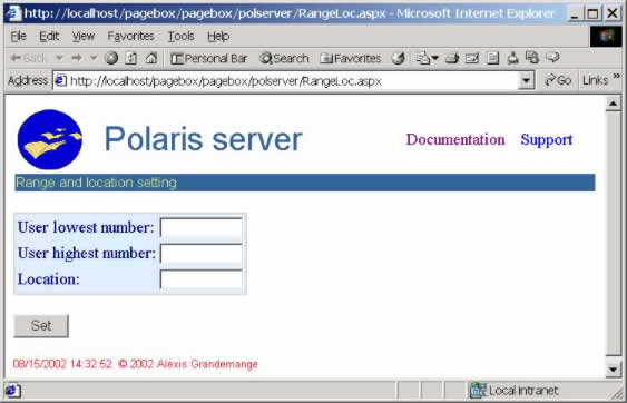 Page allowing to set the Web service key range here made of the user lowest and highest number and of the instance location