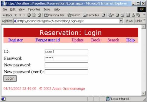 Login form: you must set your ID and password. You can change the password. Then you must enter the new password twice. The page has links to register (get an ID and password), retrieve your ID and password from your mail address, update your account information, book, search other Reservation instances in the constellation and check the online help