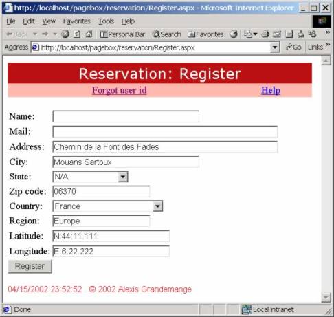 Registration form. You must enter your name, mail address, address and if you know it your GPS coordinates. The page has links to retrieve your ID and password from your mail address and to check the online help