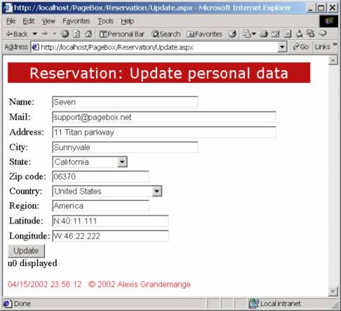 Update form. You can change your account information (name, eMail address, address and GPS coordinates)