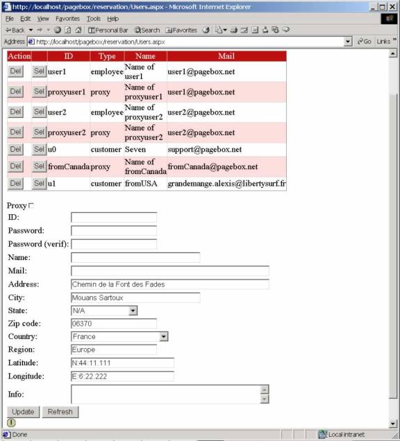 Users form. The top part is the list of the current users. For each user are displayed her/his ID, type, name, mail address. You can delete or select a user account. Below the list is displayed information about the selected user. 